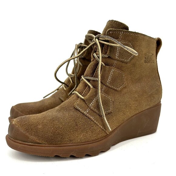 Sorel Toronto Lace-Up Wedge Ankle Boots Waterproof Suede Leather Tan Brown 7 - Picture 1 of 10